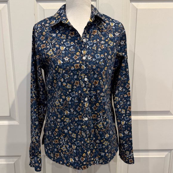 Croft & Barrow Navy Mustard Floral Button Down Shirt Cotton Stretch Size S - Picture 2 of 7